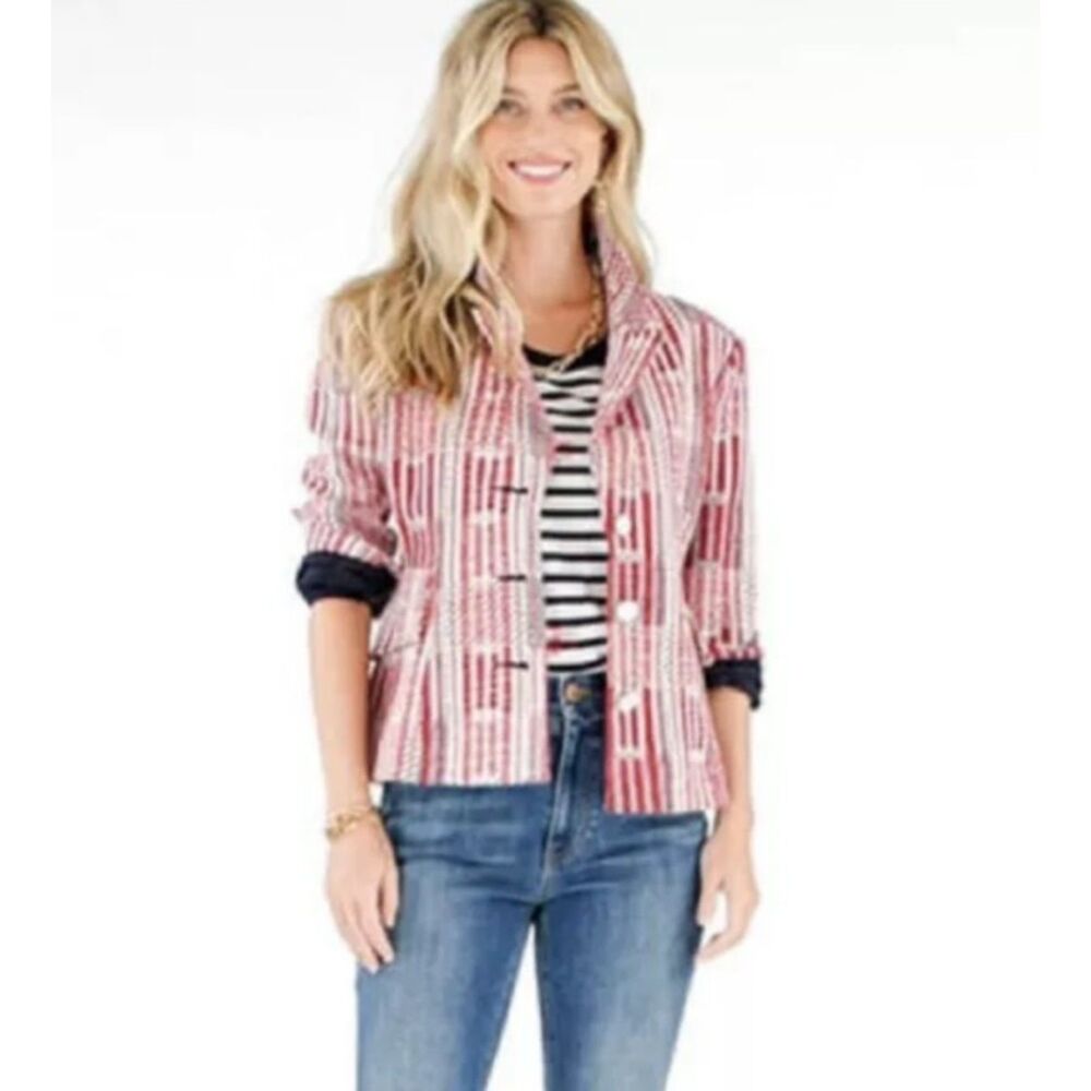 CAbi NAUTICAL PATCHWORK RED WHITE & BLUE BLAZER JACKET PEPLUM SIZE S NWOT